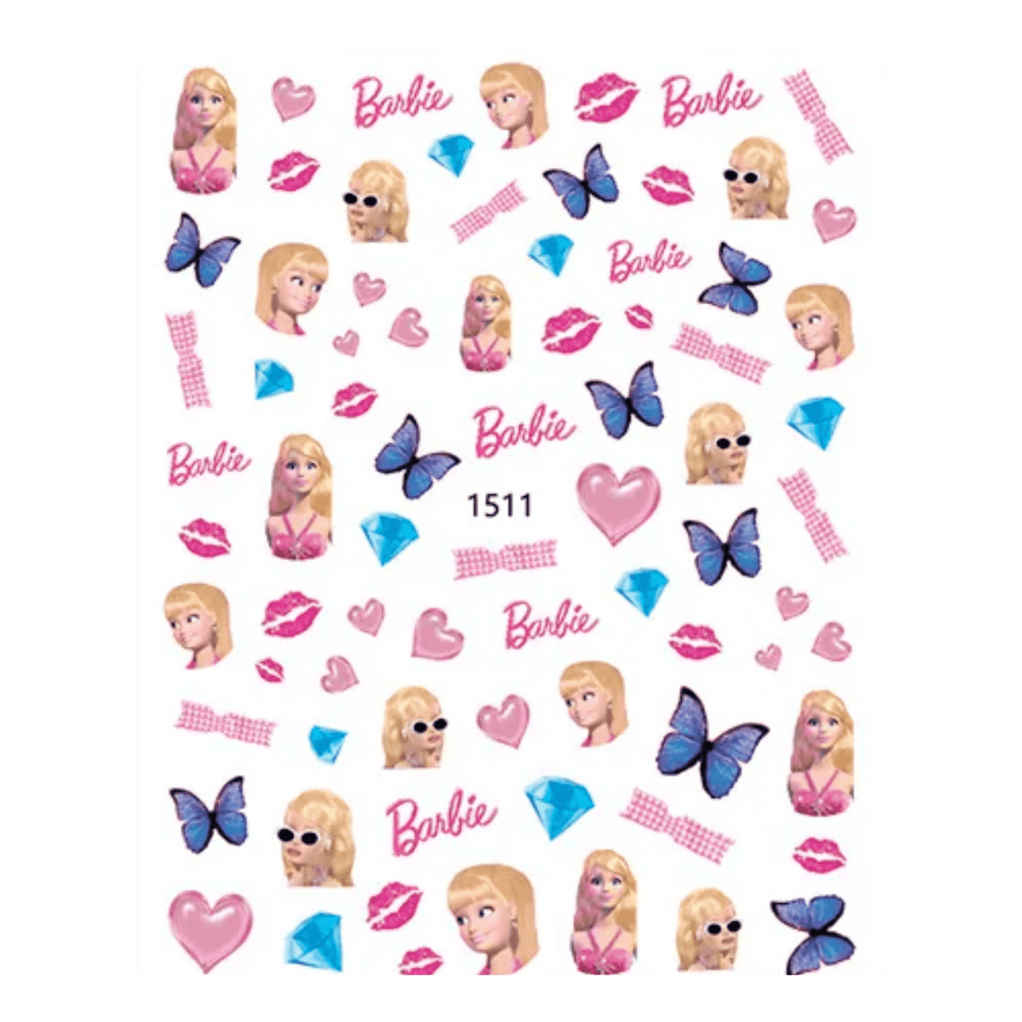 Barbie límmiðar stickers með barbie dúkku, hjörtum, fiðrildum, demöntum og kossi. Notast til að líma á neglur til skrauts