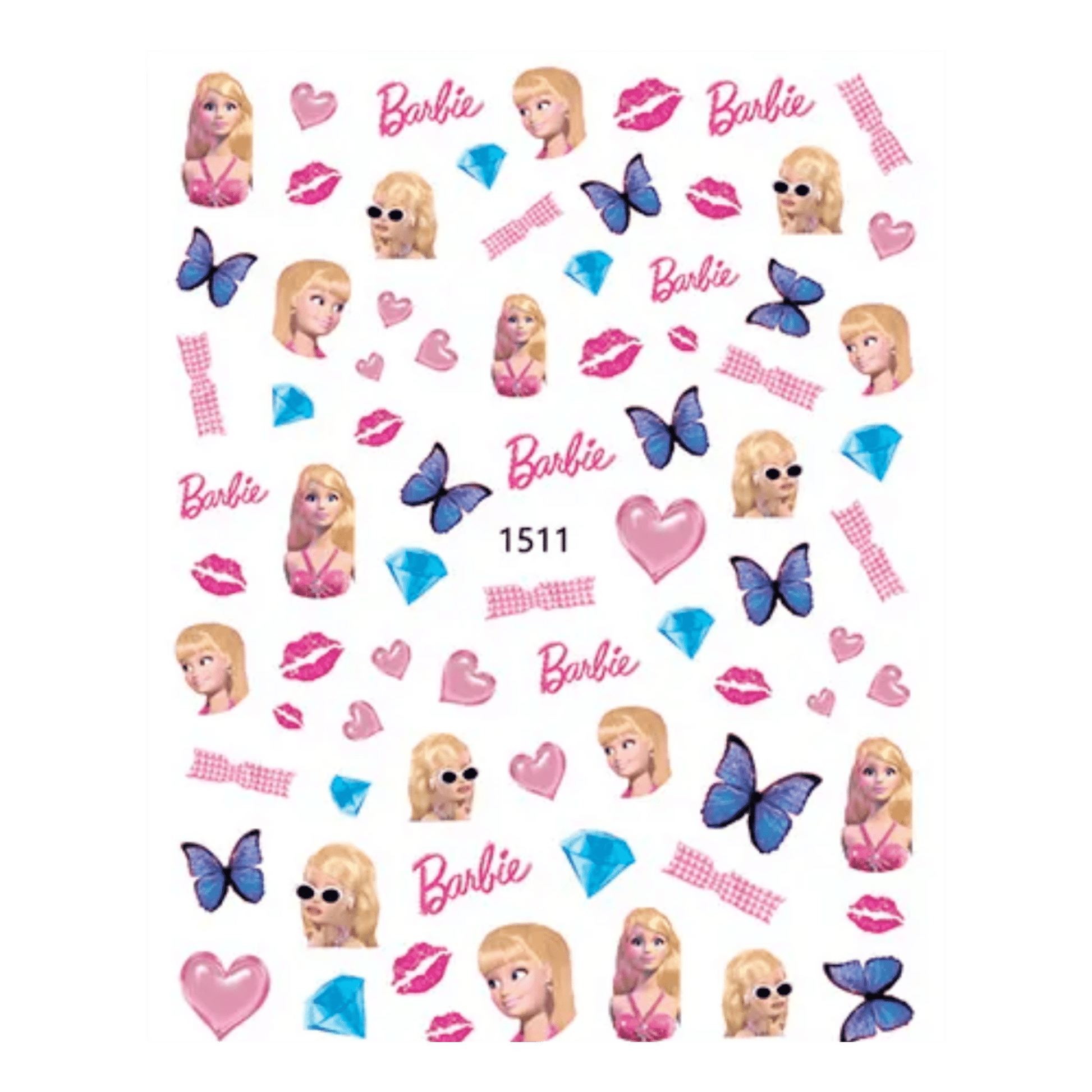 Barbie límmiðar stickers með barbie dúkku, hjörtum, fiðrildum, demöntum og kossi. Notast til að líma á neglur til skrauts