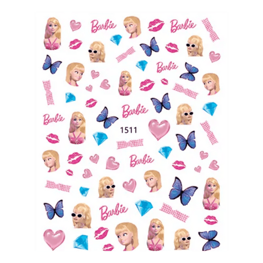 Barbie límmiðar stickers með barbie dúkku, hjörtum, fiðrildum, demöntum og kossi. Notast til að líma á neglur til skrauts