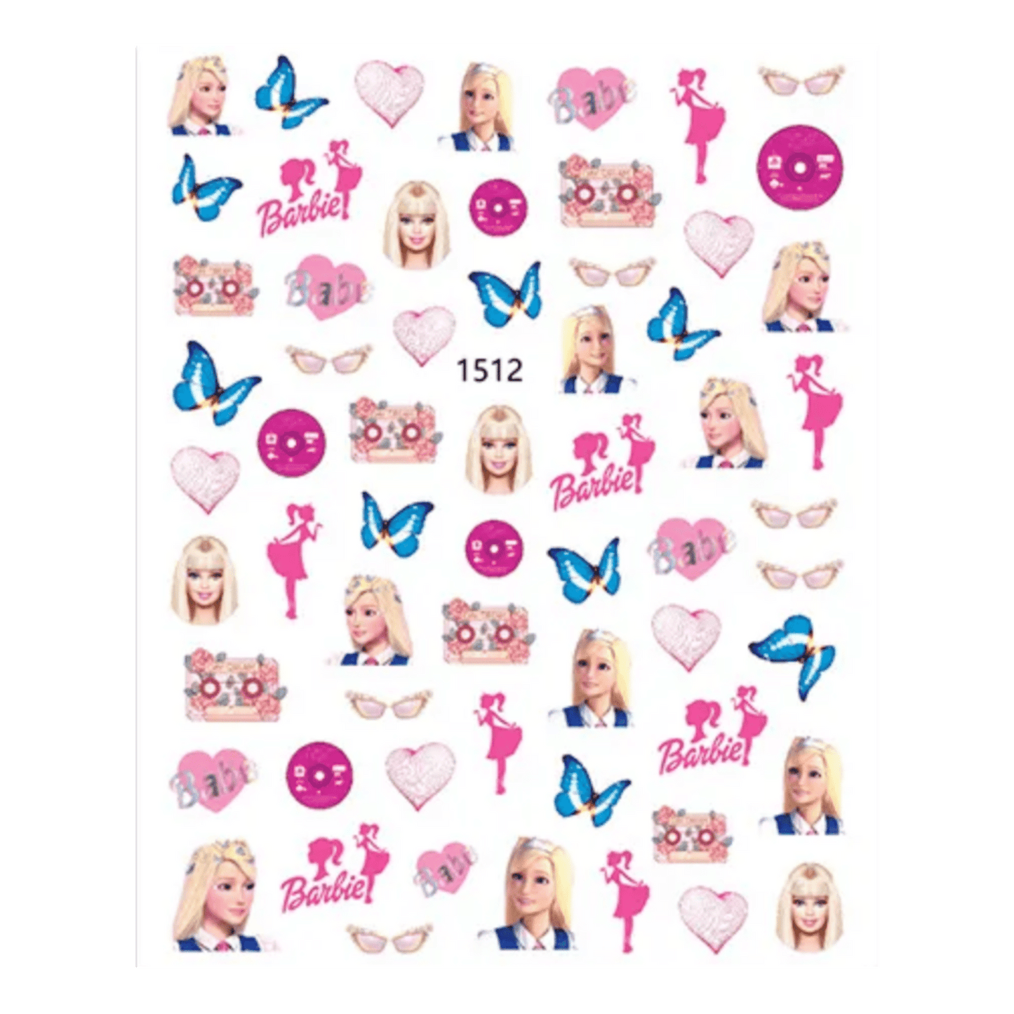 Barbie límmiðar stickers með barbie dúkku, hjarta, sólgleraugu, gleraugu, spólu, fiðrildi, geisladisk og Barbie stöfunum  Notast til að líma á neglur til skrauts