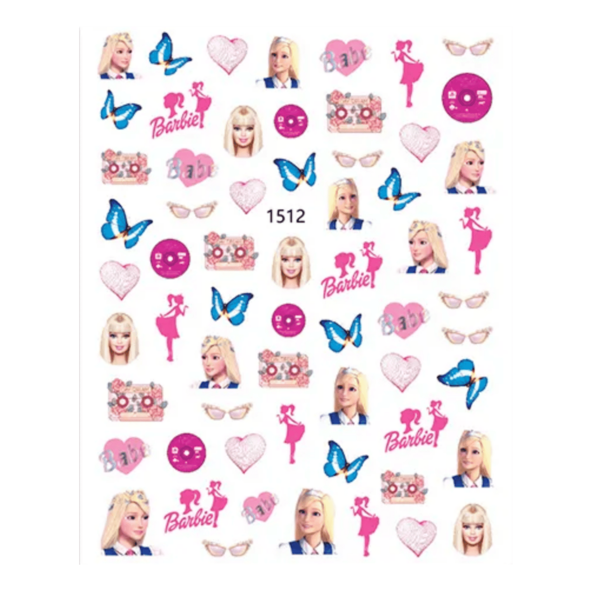 Barbie límmiðar stickers með barbie dúkku, hjarta, sólgleraugu, gleraugu, spólu, fiðrildi, geisladisk og Barbie stöfunum  Notast til að líma á neglur til skrauts