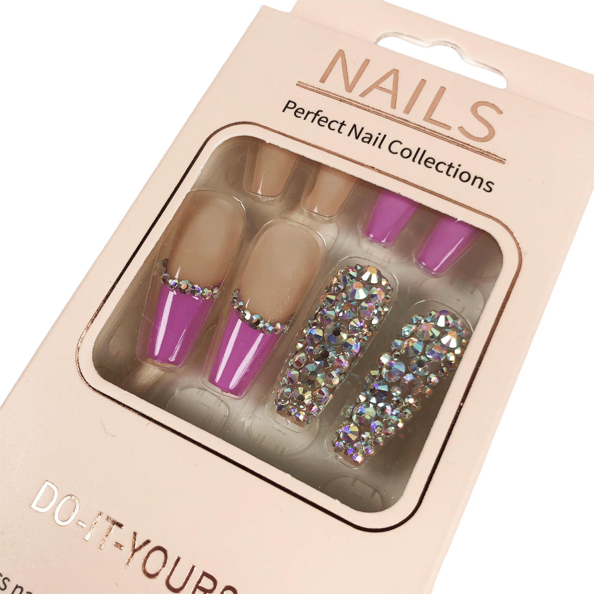 PressOn gervineglur French með bleiku og demöntum. Rhinestones