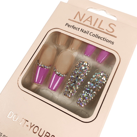 PressOn gervineglur French með bleiku og demöntum. Rhinestones