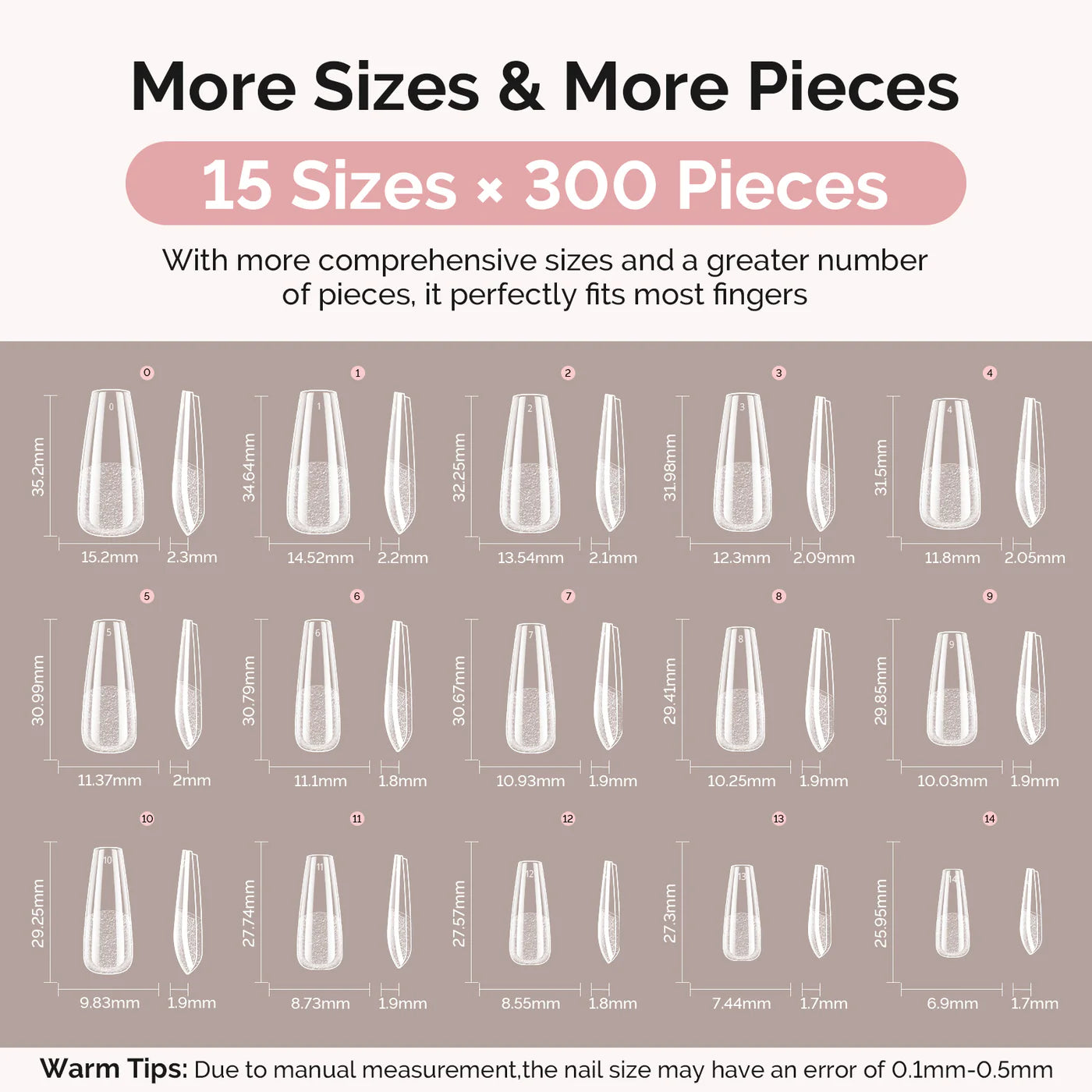 300Pcs Acrylic Nail Tips Long Coffin Set