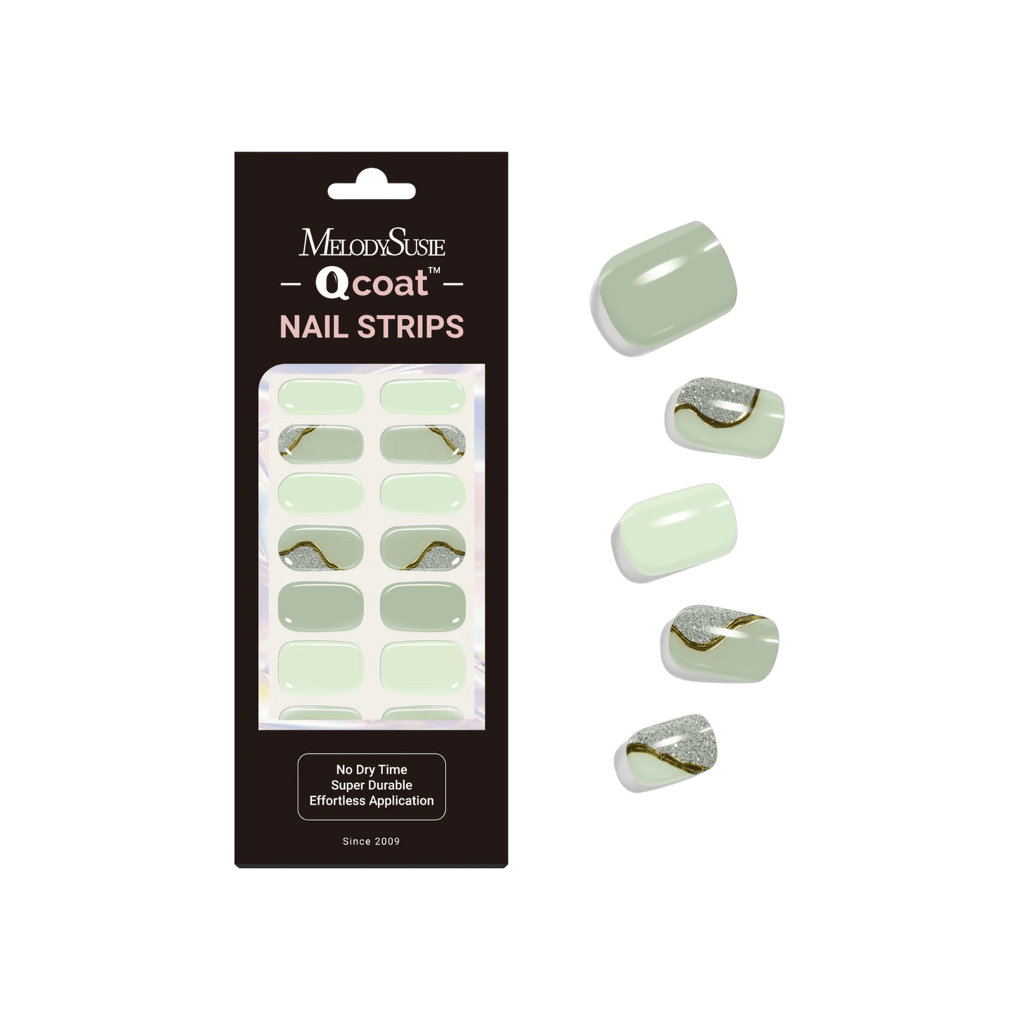 Qcoat Fully Cured Gel Nail Strips - Milky Green Waves